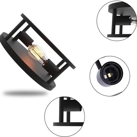 Close-up of Matte Black Flush Mount Ceiling Light Two Light Fixture With E26 Base and bulb detail.