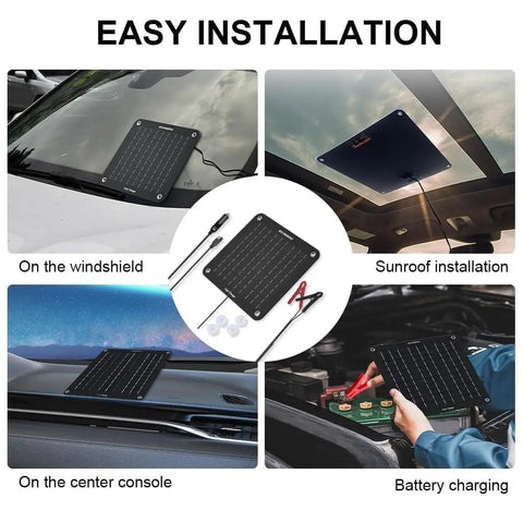 10W Solar Car Battery Charger Maintainer 12V Waterproof Portable Trickle Charger installation examples on windshield, sunroof, console, battery