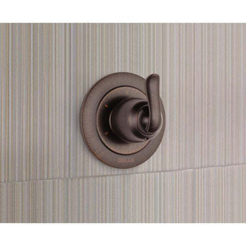 Linden Single Handle Shower Diverter Valve In Venetian Bronze Finish For Custom Shower Upgrades T11894 RB installed on tile wall