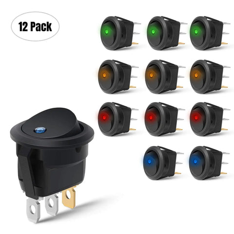 Round LED Toggle Switch 12V Car Truck Rocker On Off Control With 2 Pole SPST Design, 20A DC Circuit, Multicolor LED Pack
