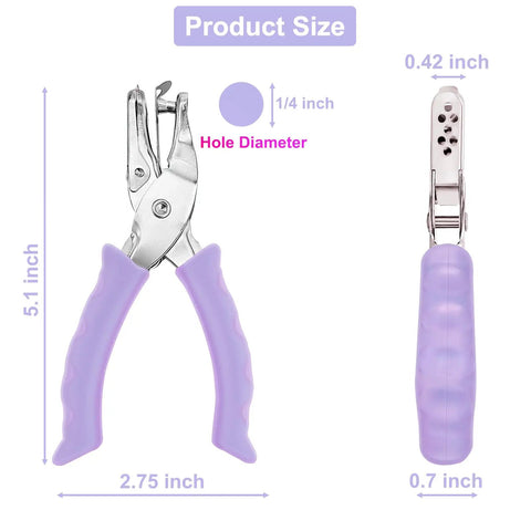 One Hole Puncher For Paper Crafts With Purple Soft Grip Handle Three Pack Handheld Circle Punch For Home Office Classroom Use Kid Friendly For Adults And Kids One Quarter Inch Hole Size, front and side view with dimensions.