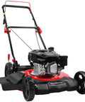 Gas Push Lawn Mower With 21 Inch Deck, 144cc 4 Cycle OHV Engine, red and black design, recoil start, side view.