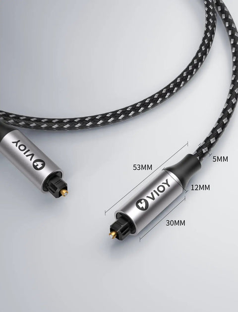 15 Ft Optical Audio Cable Hella Tough Nylon Braided Toslink Digital Spdif Fiber Optic Wire with detailed connector measurements