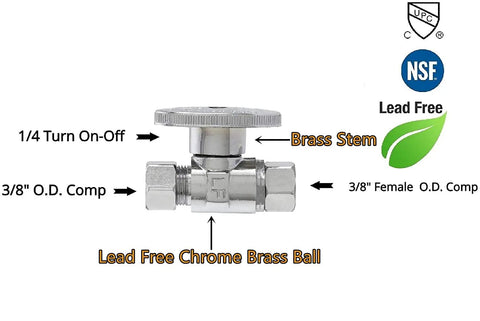 Brass Quarter Turn Ball Valve With Three Eighths Inch OD Compression Fittings Female To Male Chrome Water Shut Off Stop Valve for Plumbing