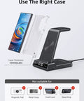 All In One 3 In 1 Wireless Charging Stand With Dimmable Clock And Nightstand Organizer For Galaxy Phones shown with phone case