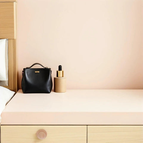 Top Shelf Unfinished Wood Drawer Pulls Ten Pack Round Mushroom Cabinet Knobs For Dresser Kitchen Cupboard Sturdy Base Heavy Duty Furniture Handles No Fuss Setup on a dresser near a black bag and a bottle.