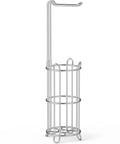 Toilet Paper Holder Stand And Tissue Roll Dispenser For Four Mega Rolls Freestanding Bathroom Storage Rack Must Have Durable Metal Wire Construction And Sleek Silver Finish, side angle view