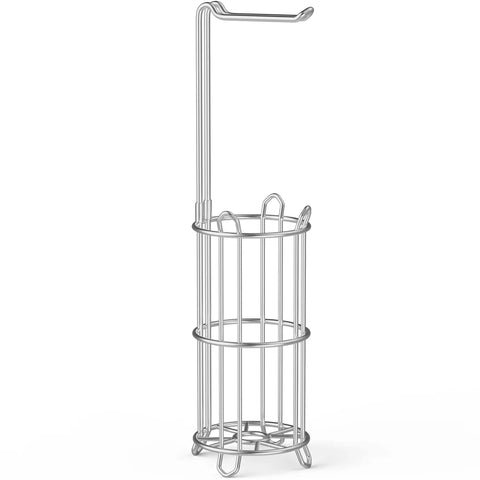 Toilet Paper Holder Stand And Tissue Roll Dispenser For Four Mega Rolls Freestanding Bathroom Storage Rack Must Have Durable Metal Wire Construction And Sleek Silver Finish, side angle view