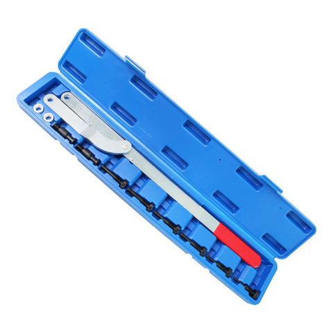 Camshaft locking tool set in blue plastic case with metal lever and adjustable pins