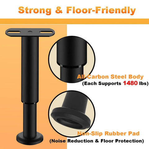 Top Shelf Four Pack Adjustable Bed Support Legs With Hefty Carbon Steel Replacement Frame Feet Featuring Silent Rubber Pads For Knockout Floor Guard And Straight Up Quick Height Tweaks On Any Bed Frame, showing carbon steel body and rubber pad.