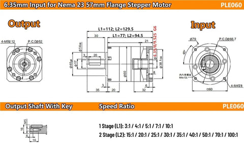 6.35mm input for Nema 23 flange stepper motor with dimension details, used for precision motor applications in red.
