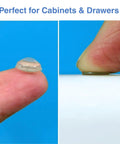 Ultra Quiet Cabinet And Drawer Bumpers 48 Pack, Energy Absorbing Gel Core displayed on fingertip showing texture and size.