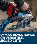 Badass 18 Volt Cordless Circular Saw With Brushless Motor And Six Thousand Rpm with 50° bevel for angled cuts on wooden surface.