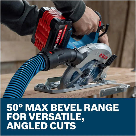 Badass 18 Volt Cordless Circular Saw With Brushless Motor And Six Thousand Rpm with 50° bevel for angled cuts on wooden surface.