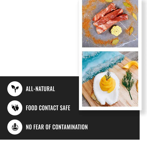Natural Stone Sealer Protector For Concrete Granite Marble Slate Soapstone Countertops 8 Oz, Long Lasting Low Gloss Finish, All Natural Formula For Porous Surfaces Keeps Stones Looking Fresh with food safe icons and two food images
