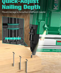 Heavy Duty 2 Inch Cordless Brad Nailer And Stapler Combo 18 Gauge 20V Power Tool demonstrating quick-adjust nailing depth on wood.