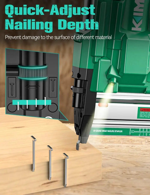 Heavy Duty 2 Inch Cordless Brad Nailer And Stapler Combo 18 Gauge 20V Power Tool demonstrating quick-adjust nailing depth on wood.