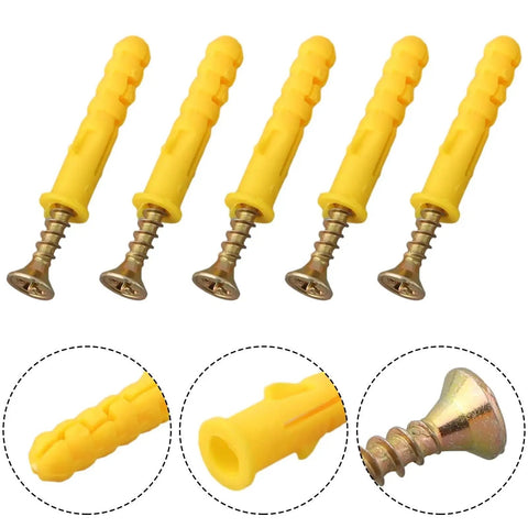 200 Pieces M6x30 Self Drilling Ribbed Wall Anchors Kit For Drywall No Prep Install, Yellow zinc plated drywall anchors, side and close-up view