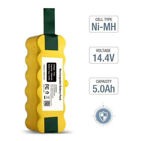 Replacement Roomba Battery 14.4V 5000mAh Ni MH Battery For Roomba 500 Through 900 Series, showing yellow Ni-MH battery pack.