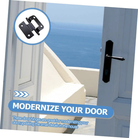 DIYEAH 10pcs black iron self-closing cabinet hinges; installed on white doors with a close-up hinge inset.
