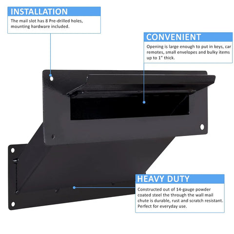 Close-up of Through The Wall Mail Drop Chute Adjustable Two Piece Steel Deposit Slot with installation, convenience, and heavy-duty highlights.
