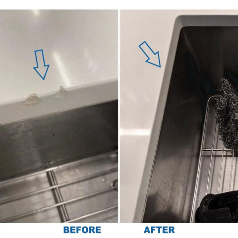 Before and after of Quartz Countertop Repair Kit White Quick Dry Permanent Fix For Edge Chips Cracks Scratches on kitchen surface.