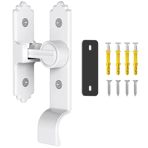 90 Degree Sliding Barn Door Lock with zinc alloy security flip latch and ergonomic handle in white finish, screws included