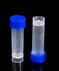 Set Of 50 Clear 5ml Plastic Vials With Graduated Measurements Blue Screw Caps See Through Body And Easy Snap On For Grab And Go Sampling Of Liquids Powders And Small Solids In Labs Crafters Or Field Work, front view