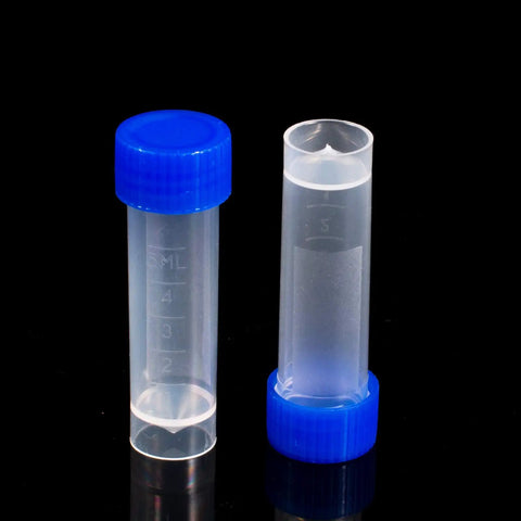 Set Of 50 Clear 5ml Plastic Vials With Graduated Measurements Blue Screw Caps See Through Body And Easy Snap On For Grab And Go Sampling Of Liquids Powders And Small Solids In Labs Crafters Or Field Work, front view