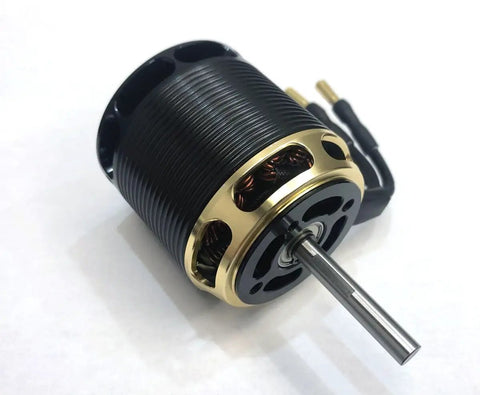 Heavy Duty Rc Helicopter Motor 4025 Dc Brushless Rig with six millimeter shaft, gold and black metal exterior for high torque.