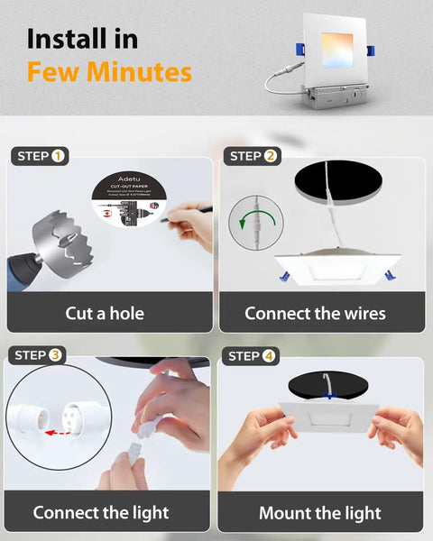 Installation steps for Adetu 4 inch Square Led Recessed Lighting, Ultra Thin Ceiling Light, 4 Pack, showing cutting, connecting, and mounting.