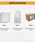 Step-by-step usage of 1000 Pack Clear Self Adhesive 6 By 9 Inch Shipping Label Sleeves showing sleeves, document insertion, and labeled box.