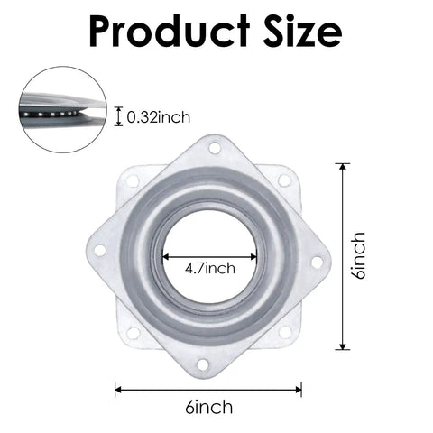 Square Six Inch Lazy Susan Turntable Bearing Smooth 360 Degree Swivel Plate For Cabinet Hardware detailed size diagram showing 6 inch and 4.7 inch dimensions.