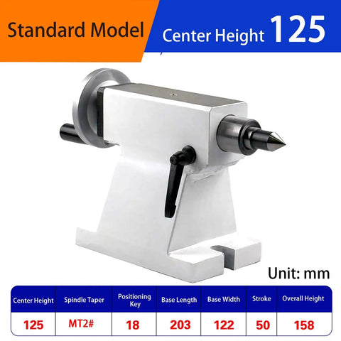 Rock Solid MT2 Lathe Tailstock Featuring 50mm Telescopic Travel And Detachable Rotary Live Center, center height 125mm, white metal base.