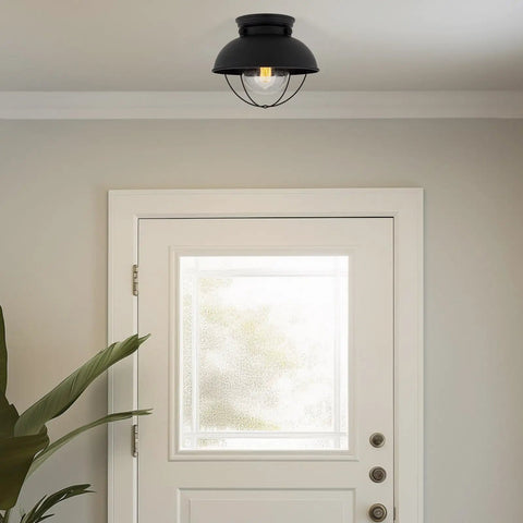 Farmhouse Nautical Flush Mount Ceiling Light With Seeded Glass Shade In Matte Black Finish, Modern Industrial Close-To-Ceiling Fixture With Removable Cage, Ideal For Kitchen, Hallway, Or Foyer