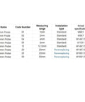 Table of probe specifications including sizes, code, measuring range, installation type, and thread specs for No Touch Eddy Current Displacement Sensor