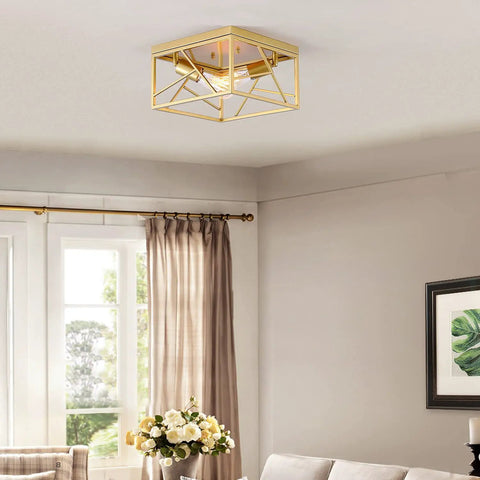 Two Light Modern Gold Flush Mount Ceiling Fixture With Metal Square Design Semi Flush Mount Lighting in living room.