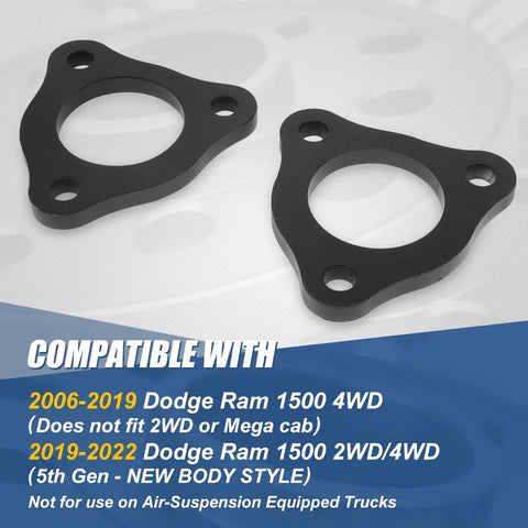 Level Up Your Rig Today With This Sick Pair Of 0.5 Inch Front Upper Mount Suspension Leveling Lift Spacers Kit Built For Dodge Ram 1500 4wd Trucks Featuring A Tough Black Powder Coated Finish - close-up of black steel spacers.