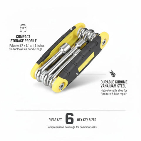Sick Chrome Vanadium Steel Folding Hex Key Set That Gets The Job Done With Style! This Bad Boy Brings Heavy Duty Strength For Bike Maintenance And Furniture Assembly. Compact 6-Piece Allen Wrench Kit Fits Right In Your Tool Bag For Any Tweak, Fix Or.