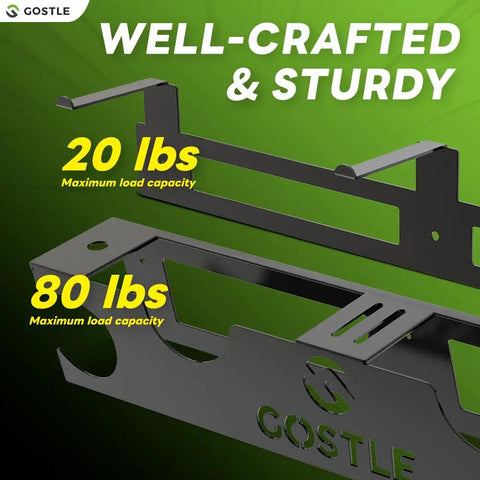 Close-up of Two Bay Angle Grinder Holder With Disc Hook Rack, Wall Mount Power Tool Organizer showing 80 lbs load capacity.