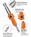 Close-up view of Countersink Drill Bit Set With Hex Shank For Woodworking And DIY Projects Ten Piece Multi Size Kit showing a bit with hex shank, adjustable length, and steel blade.
