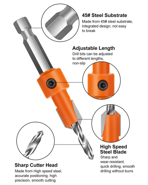 Close-up view of Countersink Drill Bit Set With Hex Shank For Woodworking And DIY Projects Ten Piece Multi Size Kit showing a bit with hex shank, adjustable length, and steel blade.