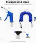 Hardcore Air Blow Gun Kit With Sixteen Foot Pneumatic Pu Hose One Quarter Inch Quick Coupler Plus Auto Shut Off Valve detailed layout.