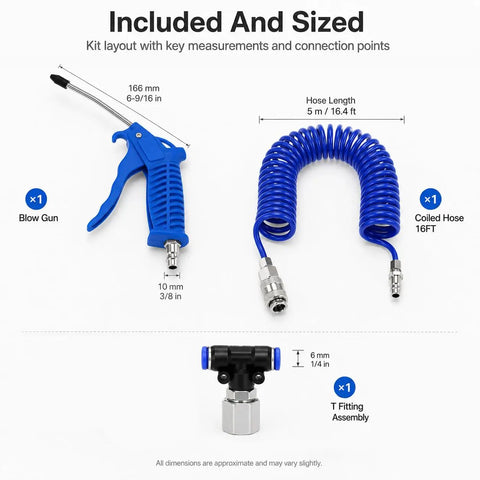Hardcore Air Blow Gun Kit With Sixteen Foot Pneumatic Pu Hose One Quarter Inch Quick Coupler Plus Auto Shut Off Valve detailed layout.