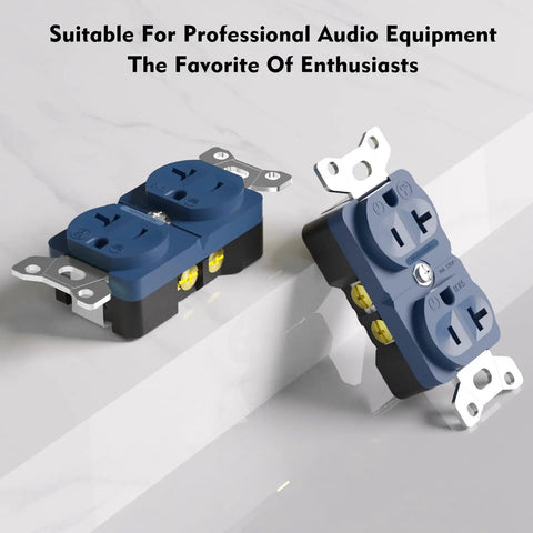 Audiophile Duplex Receptacle 20 Amp 125V Pure Copper Wall Outlet with blue flame retardant shell and rhodium contacts