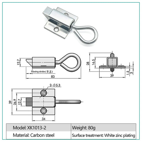 Heavy Duty Carbon Steel Gate Latch With Spring Loaded Door Bolt And Window Lock Hardware, showing design and dimensions.