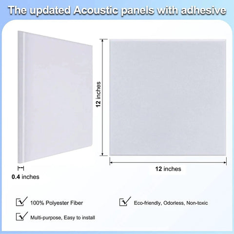 Heavy Hitter Acoustic Wall Panels 12 By 12 Inches White Sound Absorbing Tiles, 0.4 inches thick, eco-friendly polyester fiber.