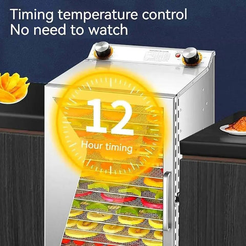 Lock In Fresh Flavors With This Straight Up Electric Food Dehydrator Featuring Six Stackable Trays And Digital Timer, showing 12-hour timer control.