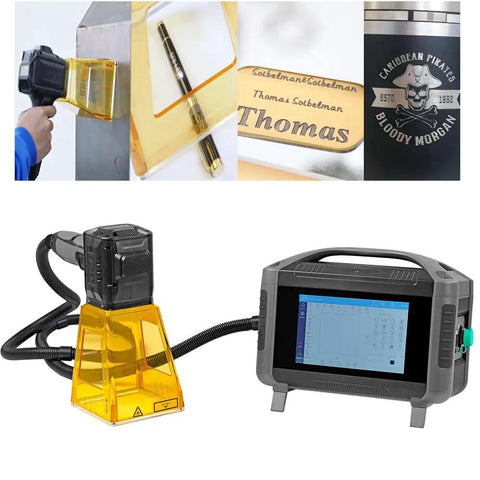 30W Portable Fiber Laser Engraver Handheld Marker For Metal, 100x100mm Marking Area, Logo Printing, QR Codes, Nameplates, 110/220V, Class II, 0.03mm Line Width shown in use with metal samples