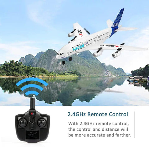 3CH 2.4GHz RC Airplane With EPP Fixed Wing Ready To Fly Model Plane flying over a lake with remote control shown